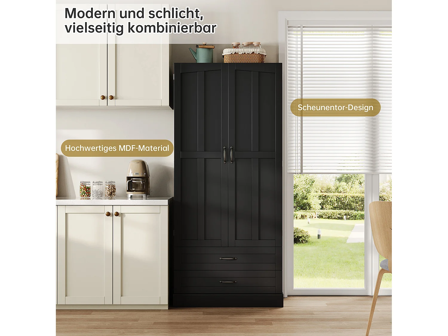 Hohes Küchen-Sideboard mit 3 Auszugsböden, 2 Schubladen, 2 Türen und verstellbaren Einlegeböden – MDF – 80 x 37,5 x 180 cm – Schwarz