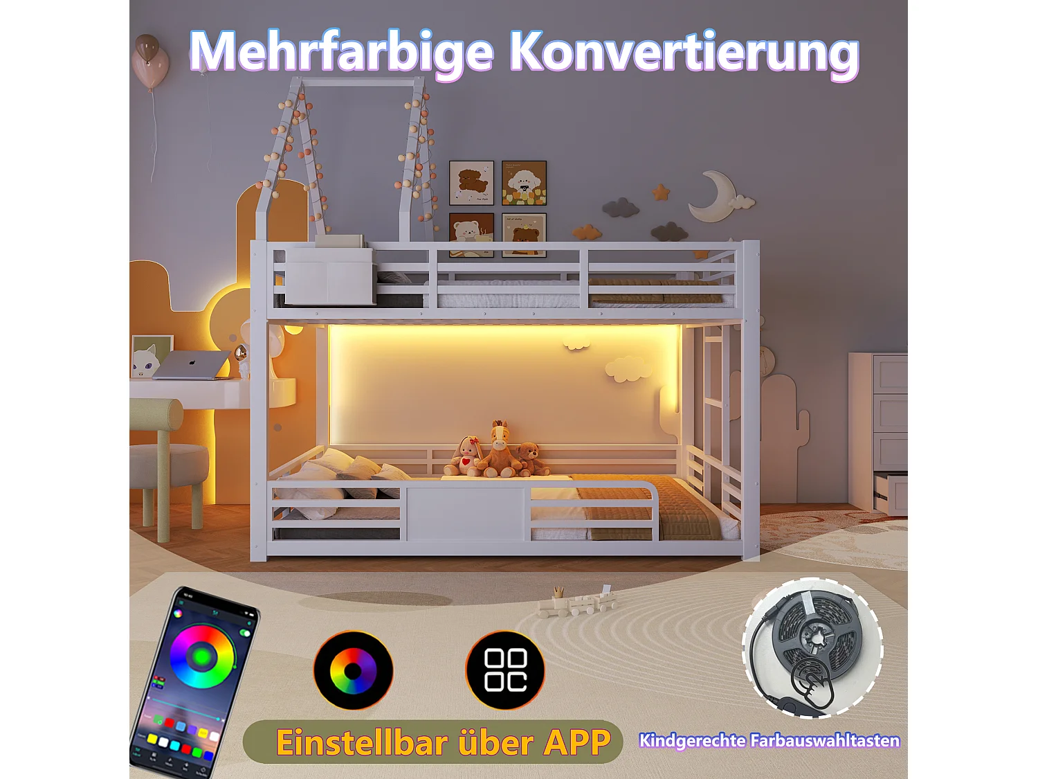 Bunk bed with cabin-style interior, 140 x 200 cm, with LED lighting, decorative roof, and storage pocket - Metal + MDF - White(Without mattress)