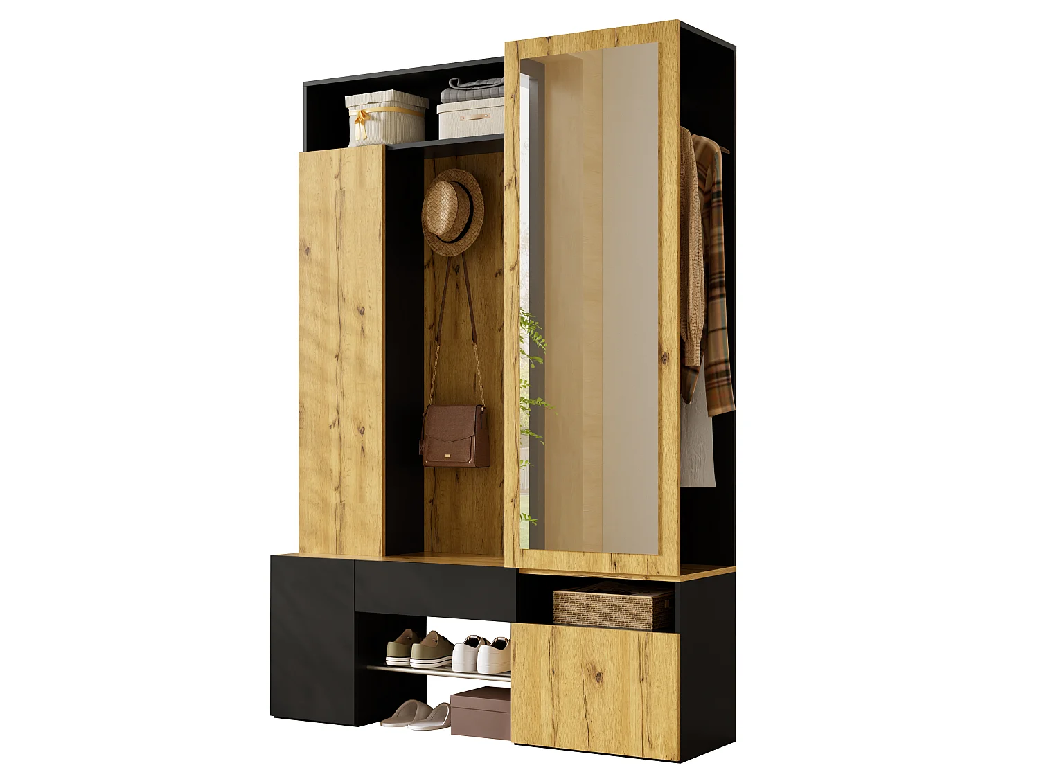 Scarpiera con specchio, asta appendiabiti, ganci, 1 cassetto e 3 ante - MDF - 127 x 35 x 180,5 cm - Nero e legno naturale