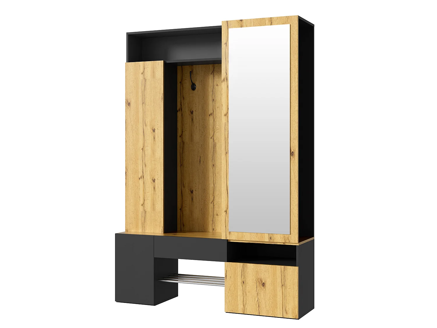 Scarpiera con specchio, asta appendiabiti, ganci, 1 cassetto e 3 ante - MDF - 127 x 35 x 180,5 cm - Nero e legno naturale