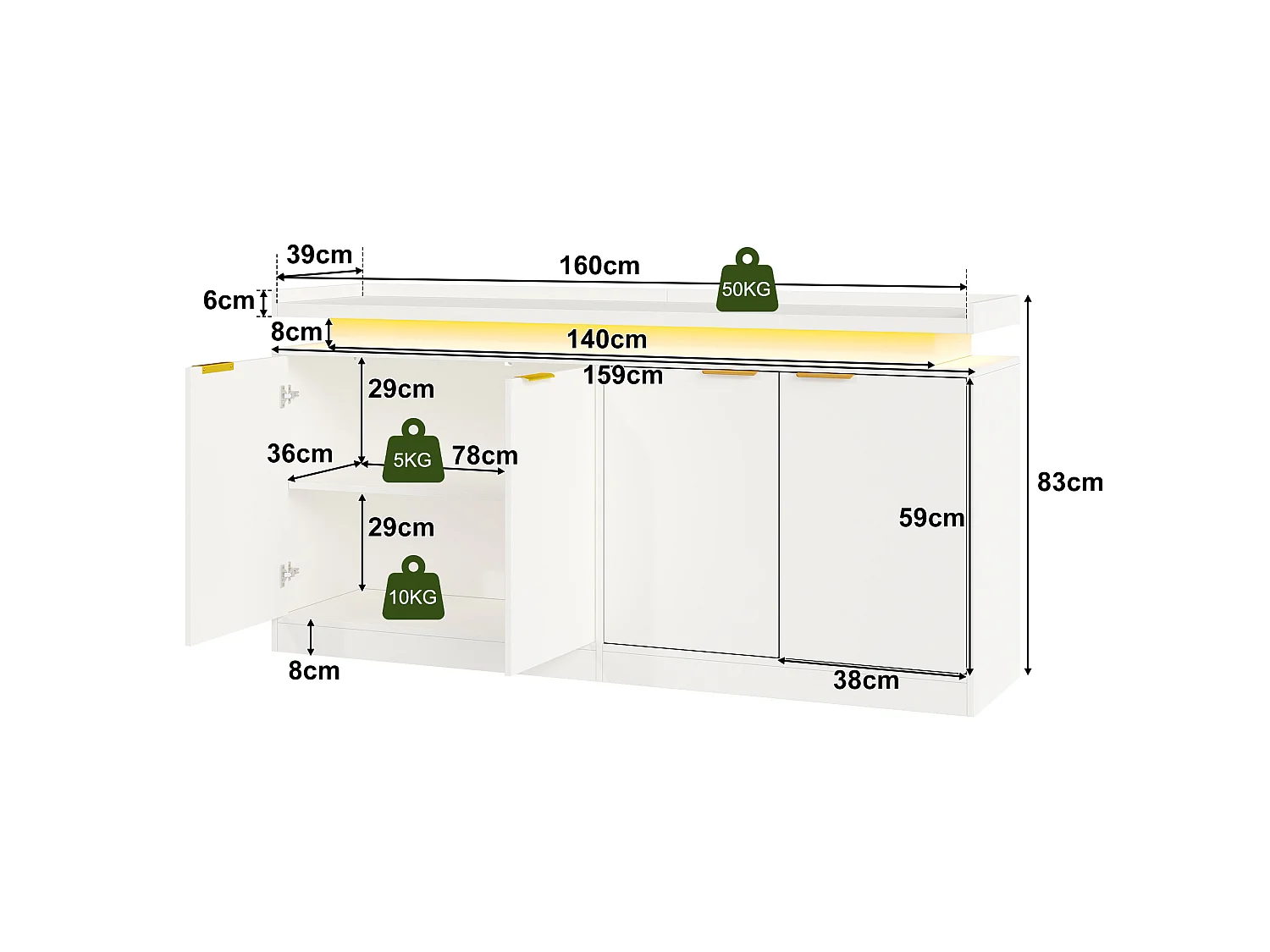 Buffet bas de cuisine avec LED RGB, 4 portes, étagères ouvertes et rangements - MDF - 160 x 39 x 83 cm - Blanc