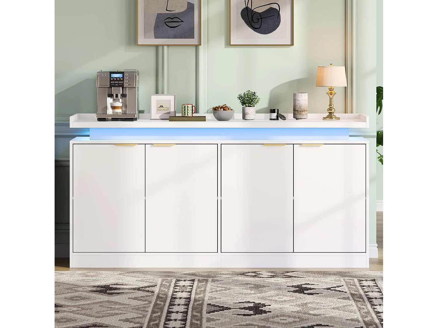 Buffet bas de cuisine avec LED RGB, 4 portes, étagères ouvertes et rangements - MDF - 160 x 39 x 83 cm - Blanc