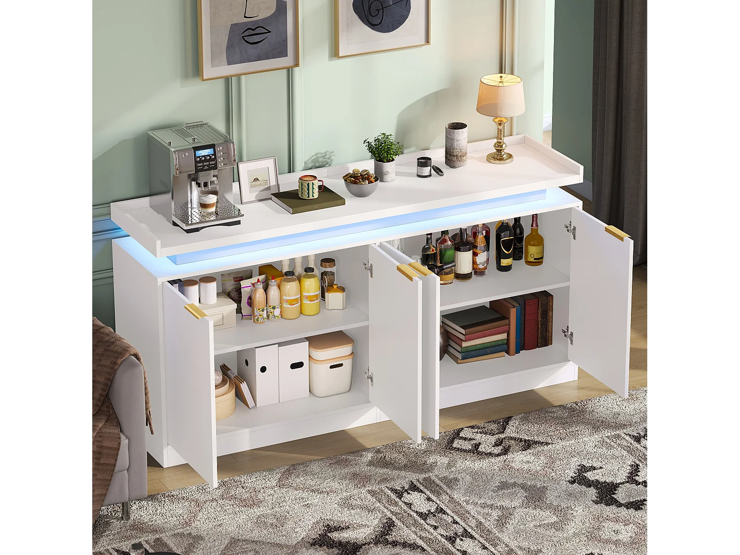 Buffet bas de cuisine avec LED RGB, 4 portes, étagères ouvertes et rangements - MDF - 160 x 39 x 83 cm - Blanc