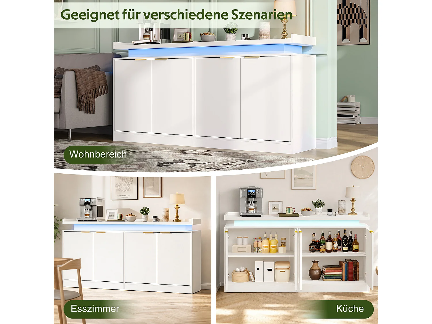 Buffet bas de cuisine avec LED RGB, 4 portes, étagères ouvertes et rangements - MDF - 160 x 39 x 83 cm - Blanc