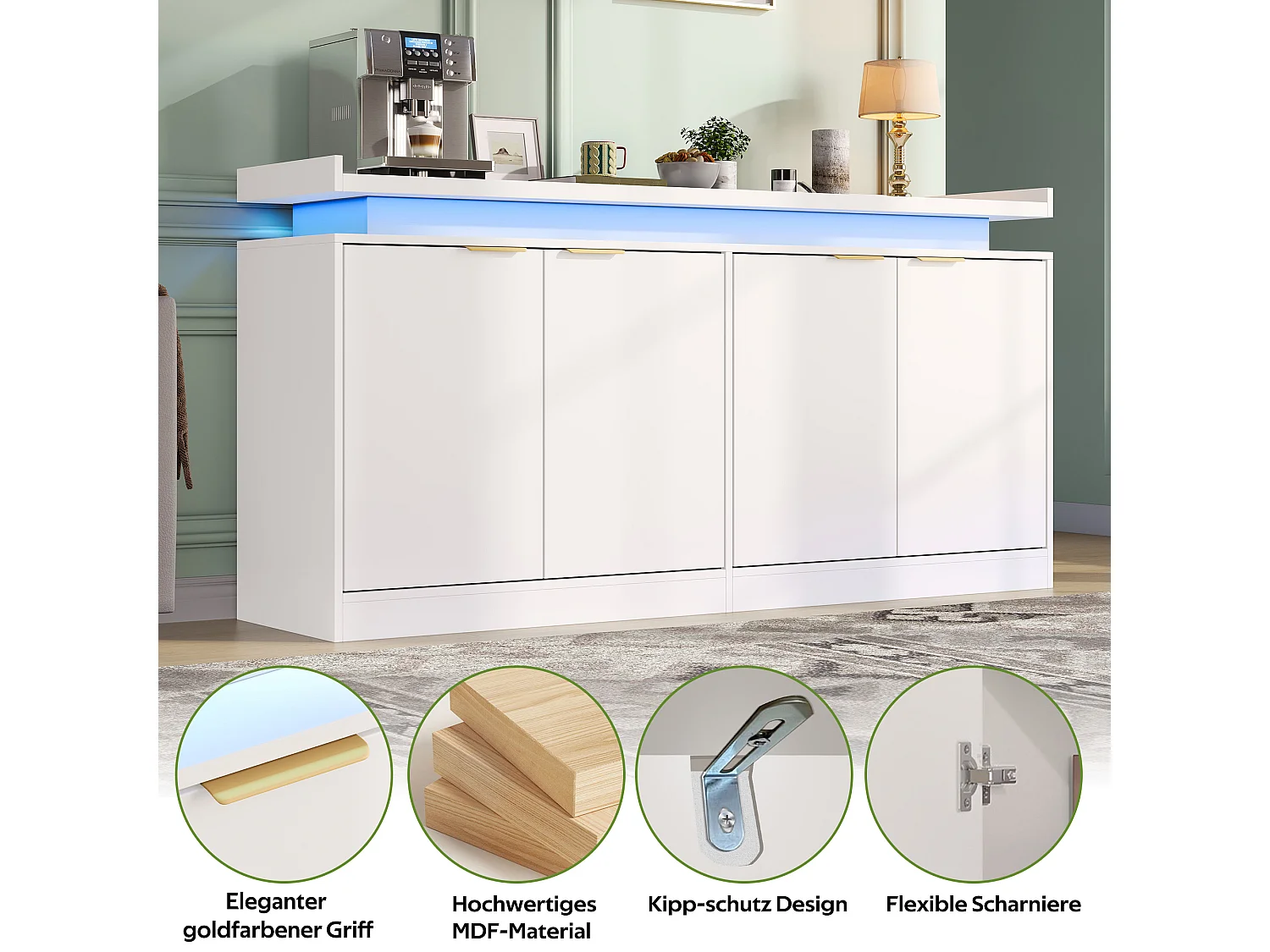 Buffet bas de cuisine avec LED RGB, 4 portes, étagères ouvertes et rangements - MDF - 160 x 39 x 83 cm - Blanc