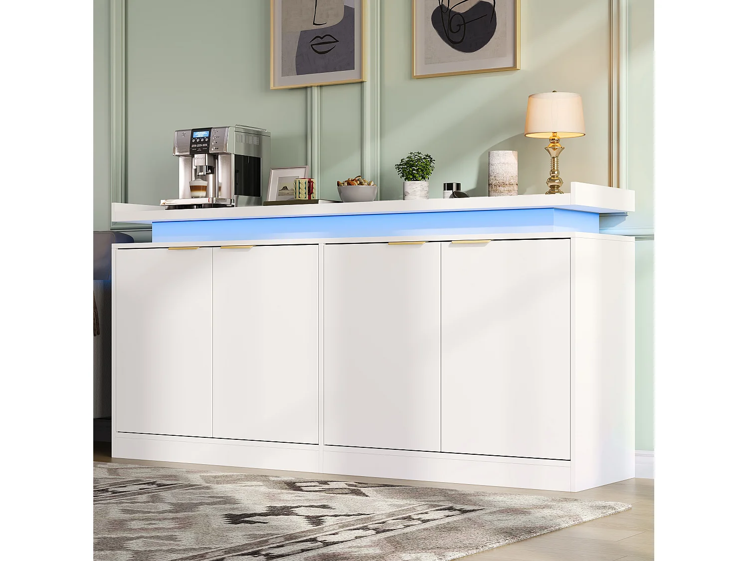 Buffet bas de cuisine avec LED RGB, 4 portes, étagères ouvertes et rangements - MDF - 160 x 39 x 83 cm - Blanc