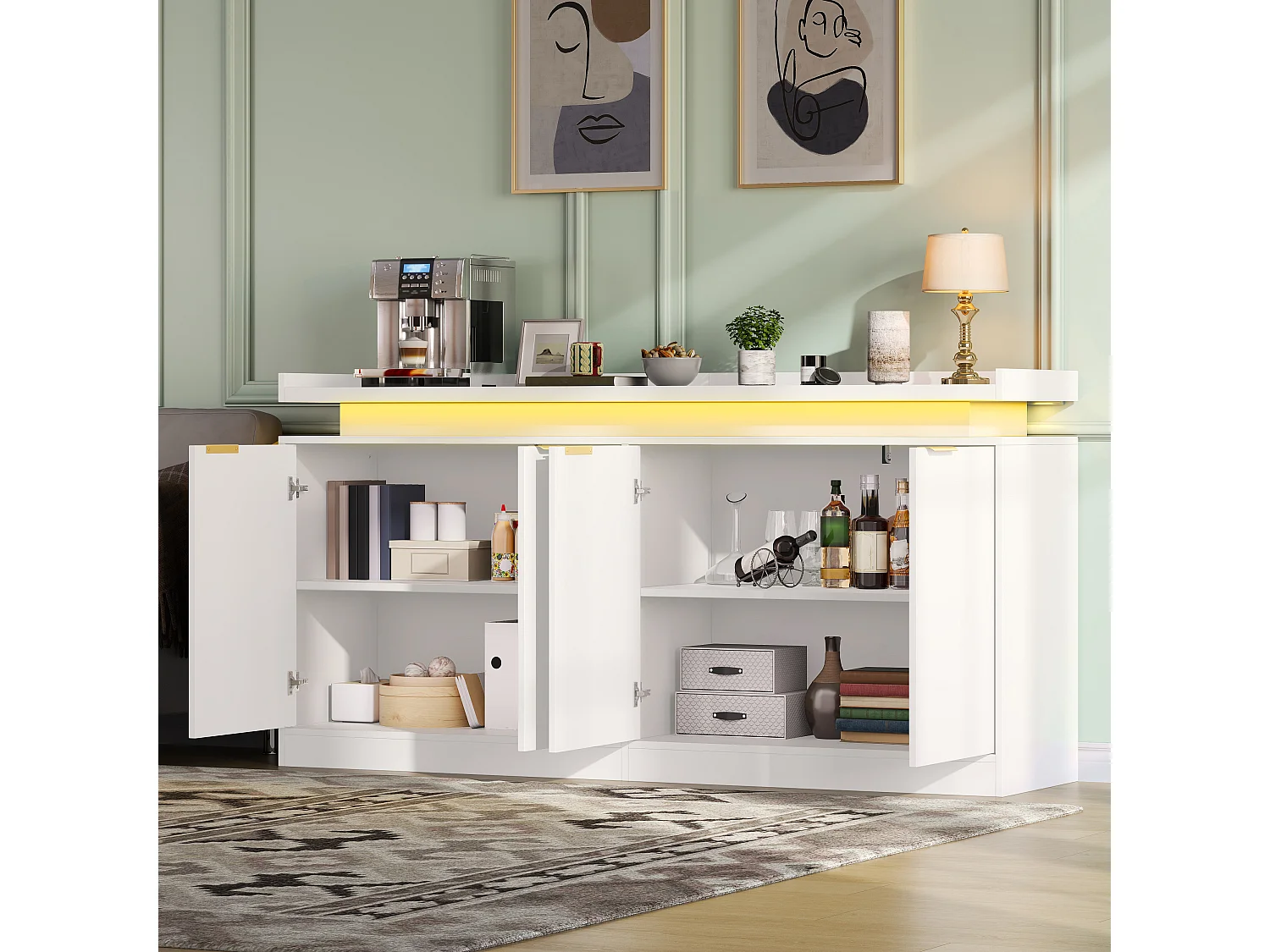 Buffet bas de cuisine avec LED RGB, 4 portes, étagères ouvertes et rangements - MDF - 160 x 39 x 83 cm - Blanc