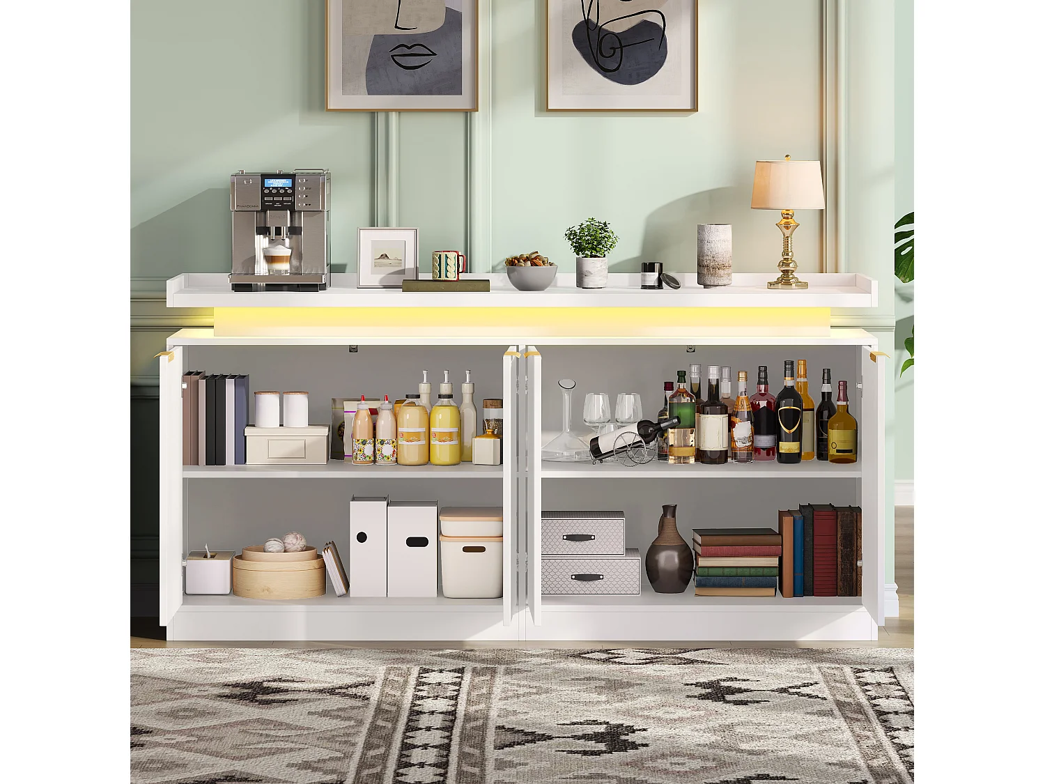 Buffet bas de cuisine avec LED RGB, 4 portes, étagères ouvertes et rangements - MDF - 160 x 39 x 83 cm - Blanc