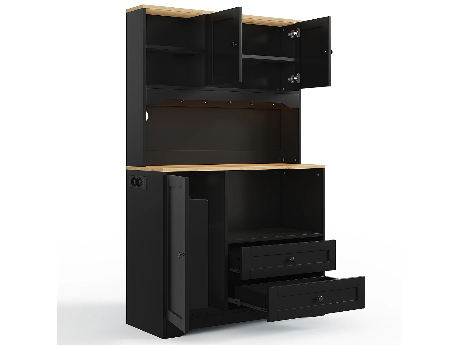 Hoge keukenkast met ledverlichting, ruimte voor magnetron, 2 lades, 3 deuren, 2 stopcontacten en 2 USB-poorten - MDF - 100 x 40 x 163 cm - Zwart
