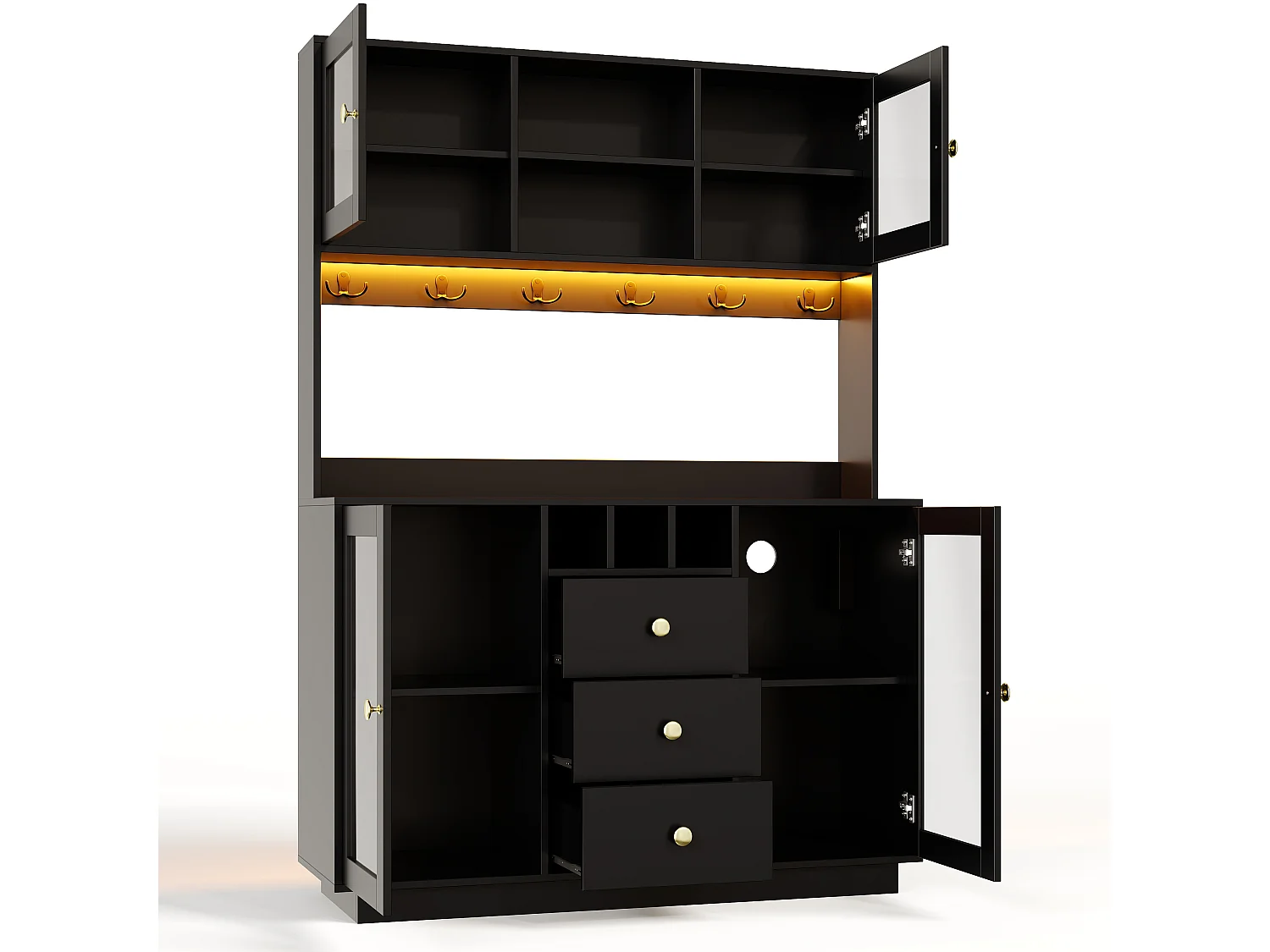 Hoher Küchenschrank mit RGB-LED-Beleuchtung, 2 Steckdosen, 2 USB-Anschlüssen, 3 Schubladen und 4 Türen – MDF – 120 x 40 x 170 cm – Schwarz