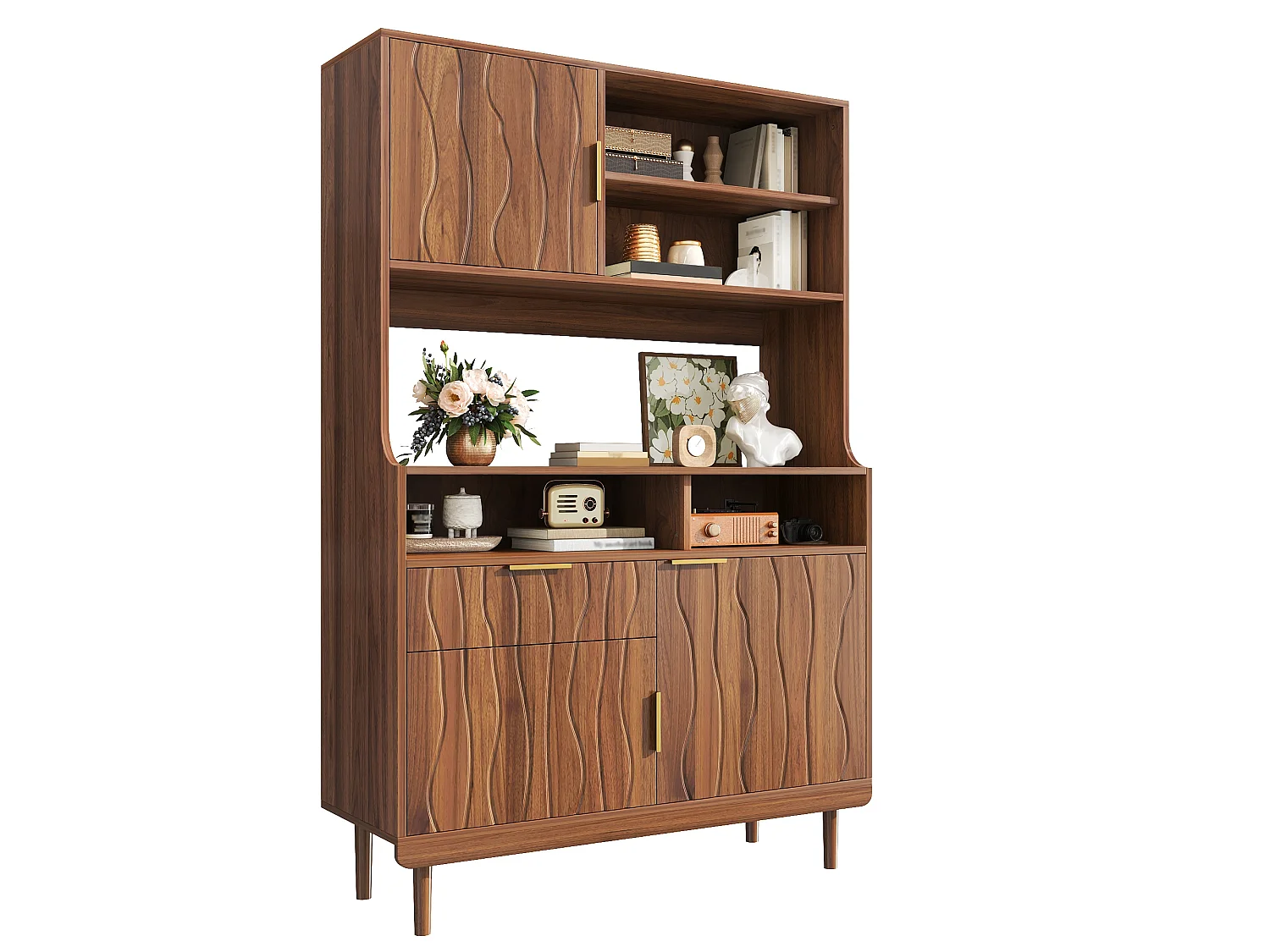 Hoge keukenkast met 3 deuren, 1 lade en open schappen - MDF - 100 x 32 x 170 cm - Walnoot