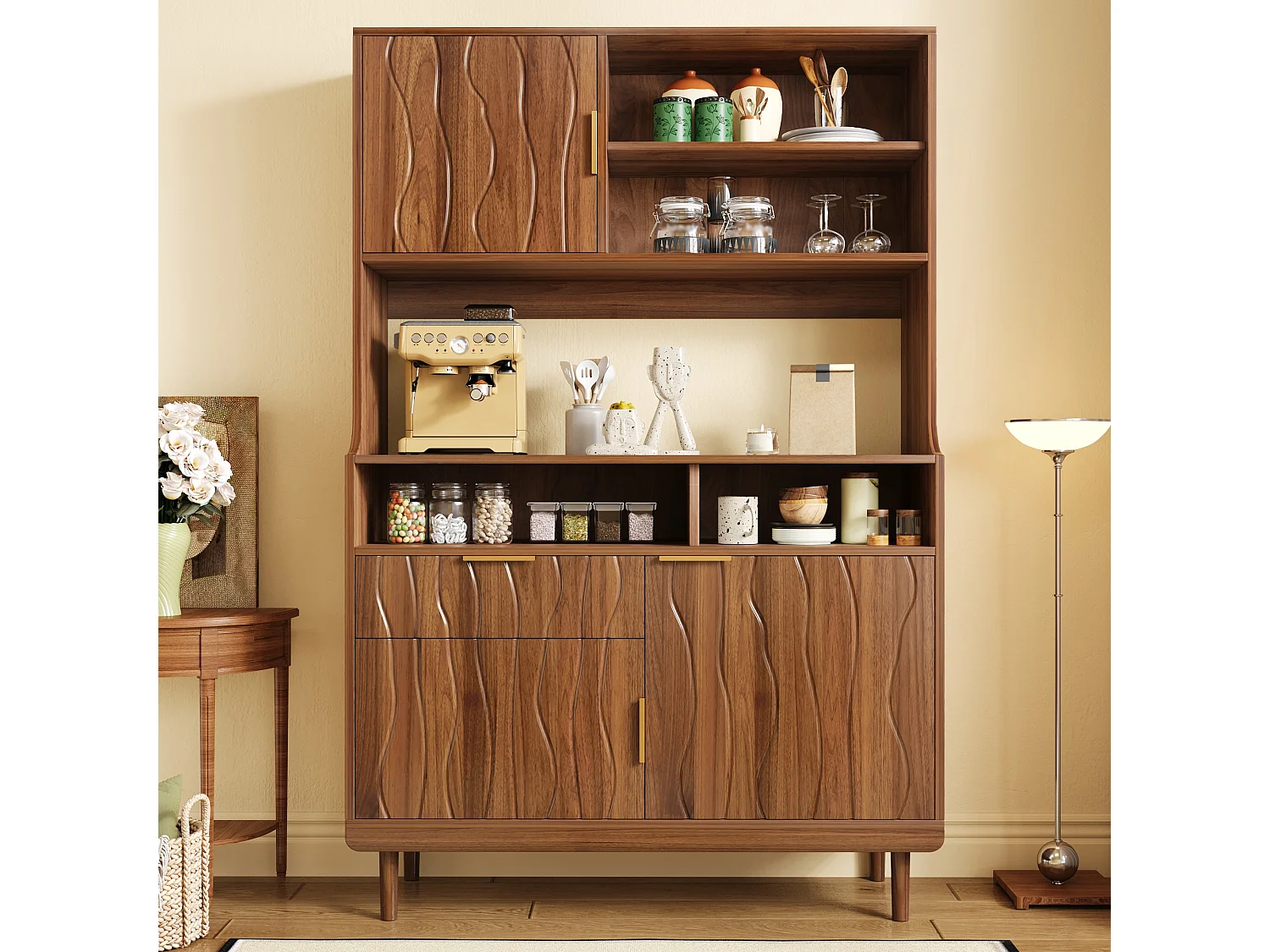 Hoge keukenkast met 3 deuren, 1 lade en open schappen - MDF - 100 x 32 x 170 cm - Walnoot