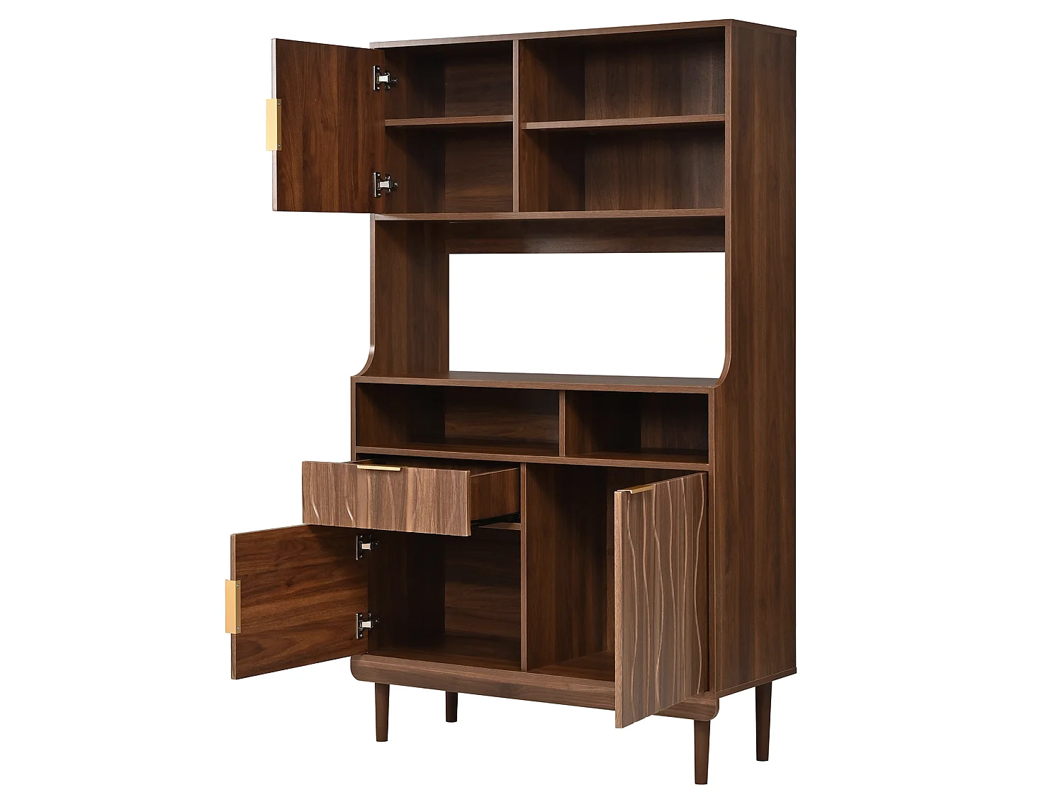 Hoge keukenkast met 3 deuren, 1 lade en open schappen - MDF - 100 x 32 x 170 cm - Walnoot