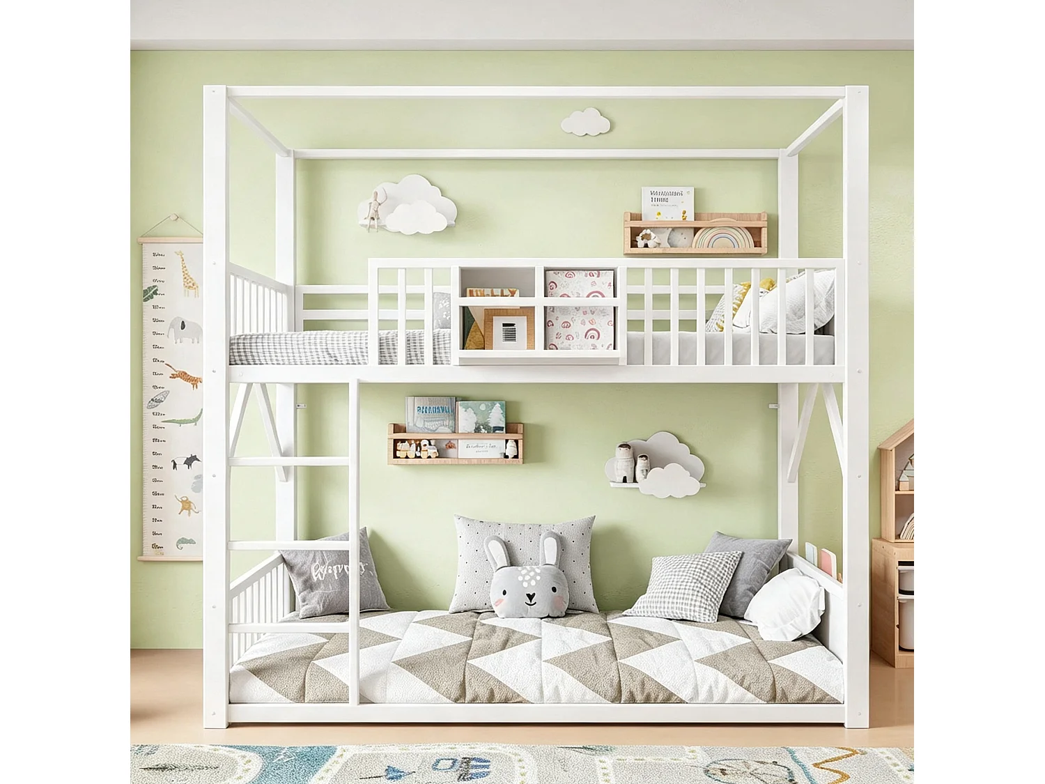 Lits superposés 2 x 90 x 200 cm avec toit, étagère et barrières de protection - Métal - Blanc (Sans matelas)