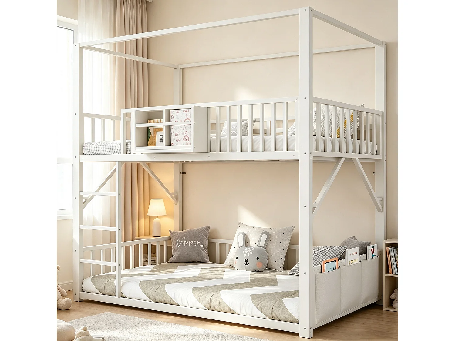 Lits superposés 2 x 90 x 200 cm avec toit, étagère et barrières de protection - Métal - Blanc (Sans matelas)