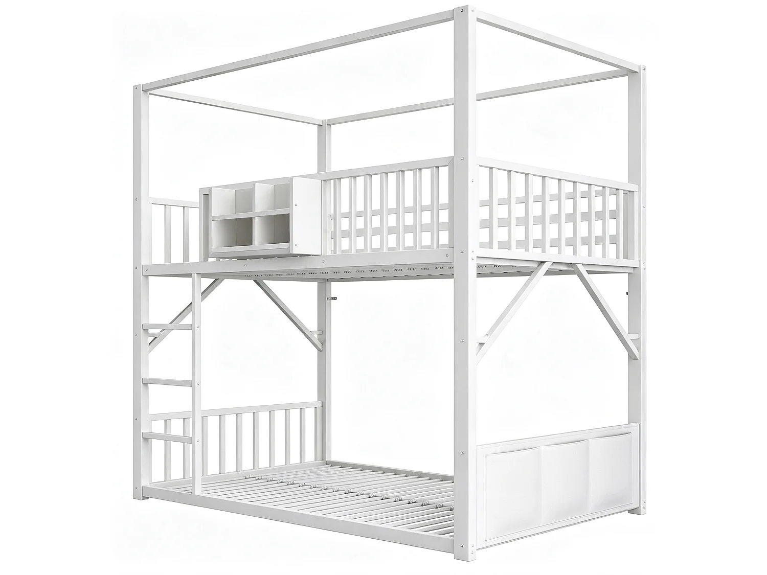 Lits superposés 2 x 90 x 200 cm avec toit, étagère et barrières de protection - Métal - Blanc (Sans matelas)