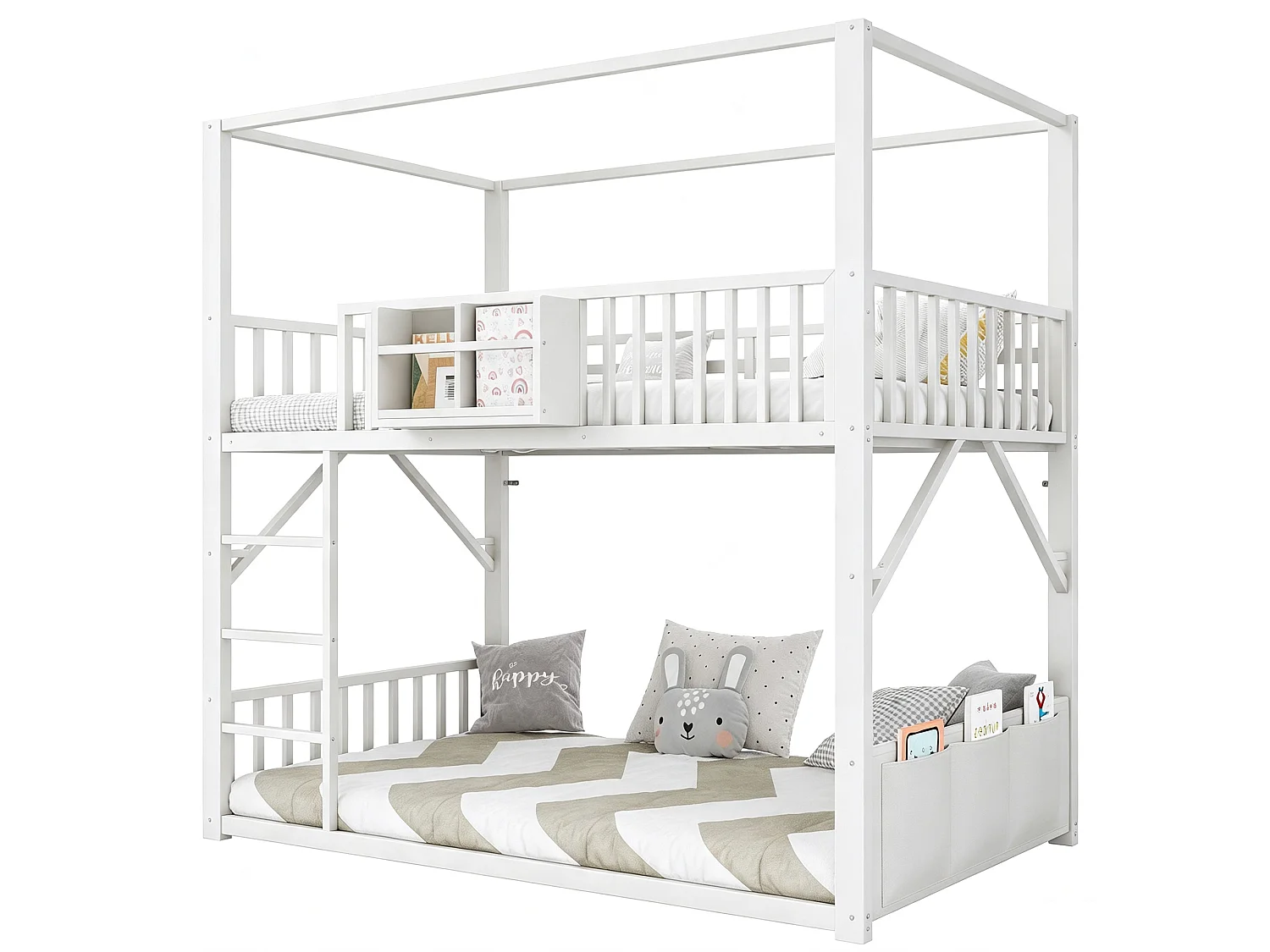 Lits superposés 2 x 90 x 200 cm avec toit, étagère et barrières de protection - Métal - Blanc (Sans matelas)