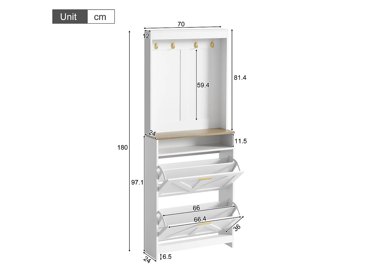 Schoenenkast met 2 neerklapbare deuren, haken en ledverlichting - Spaanplaat - 70 x 24 x 180 cm - Wit en naturel
