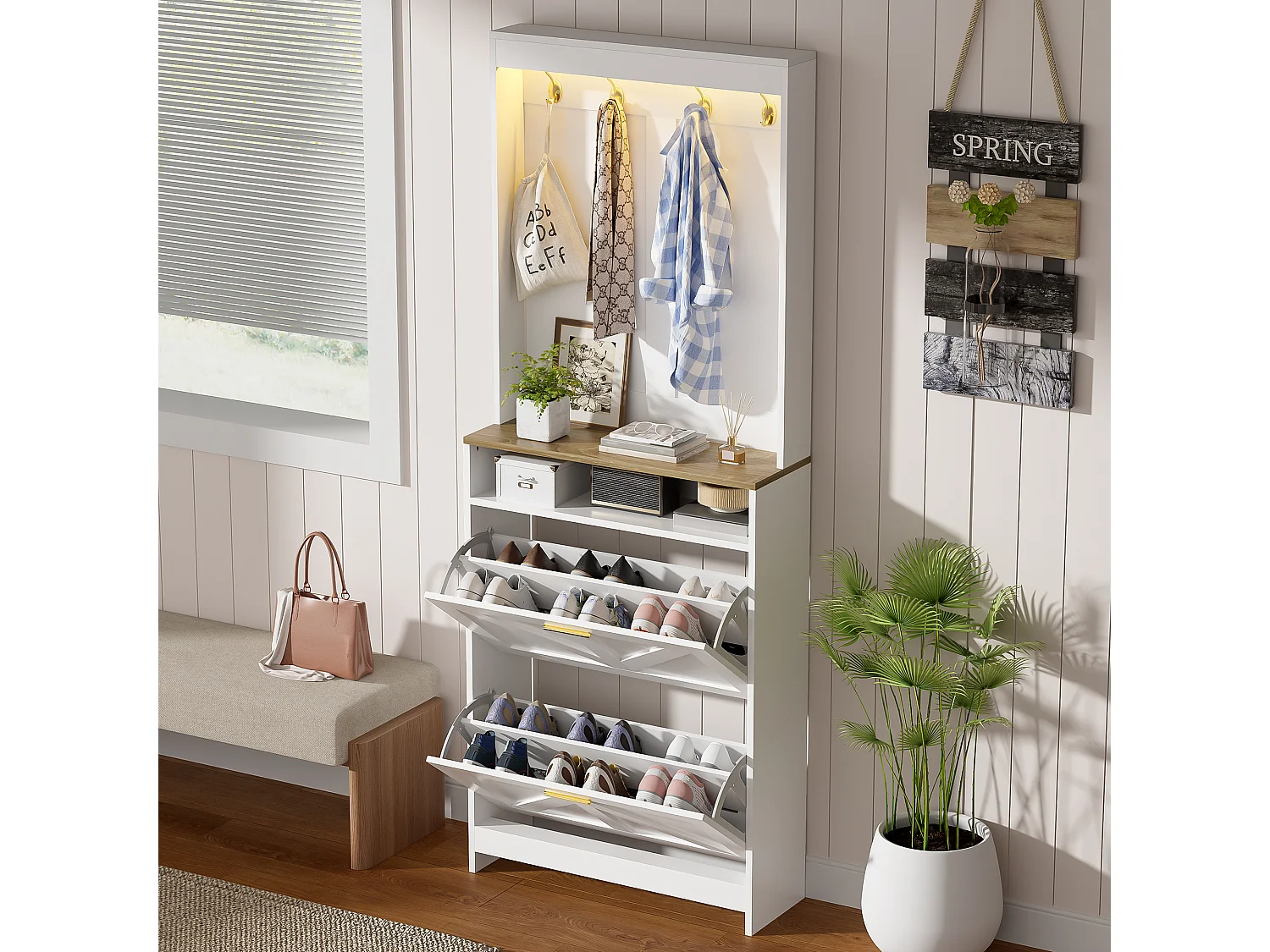 Schoenenkast met 2 neerklapbare deuren, haken en ledverlichting - Spaanplaat - 70 x 24 x 180 cm - Wit en naturel