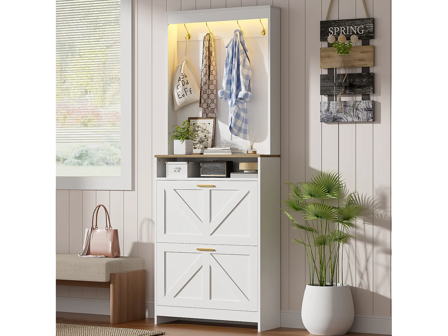 Schoenenkast met 2 neerklapbare deuren, haken en ledverlichting - Spaanplaat - 70 x 24 x 180 cm - Wit en naturel