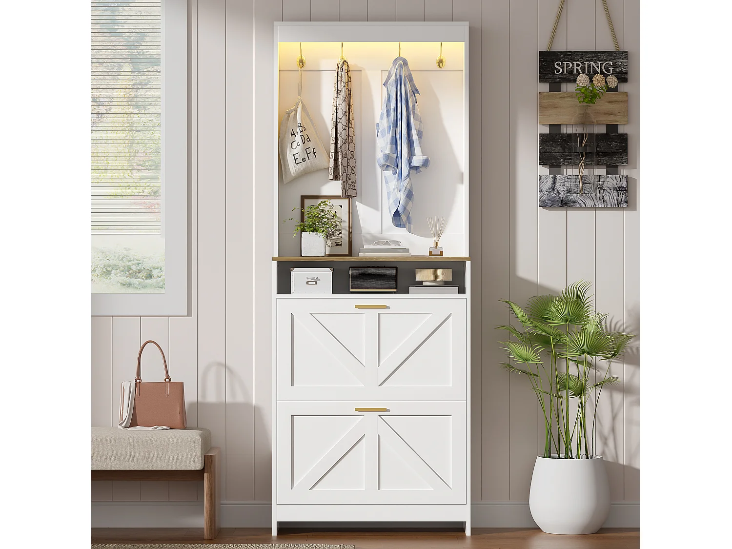 Schoenenkast met 2 neerklapbare deuren, haken en ledverlichting - Spaanplaat - 70 x 24 x 180 cm - Wit en naturel