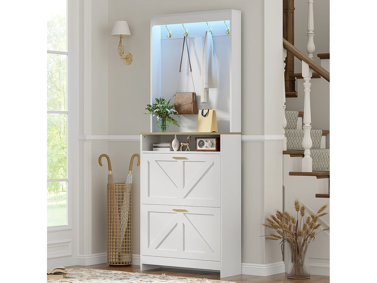 Schoenenkast met 2 neerklapbare deuren, haken en ledverlichting - Spaanplaat - 70 x 24 x 180 cm - Wit en naturel