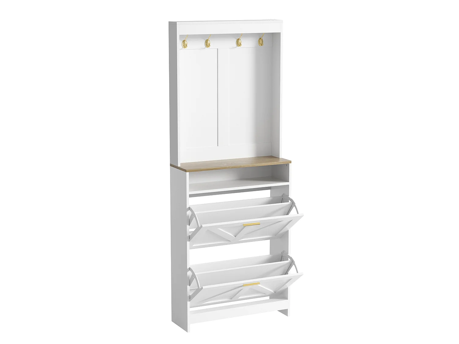 Schoenenkast met 2 neerklapbare deuren, haken en ledverlichting - Spaanplaat - 70 x 24 x 180 cm - Wit en naturel