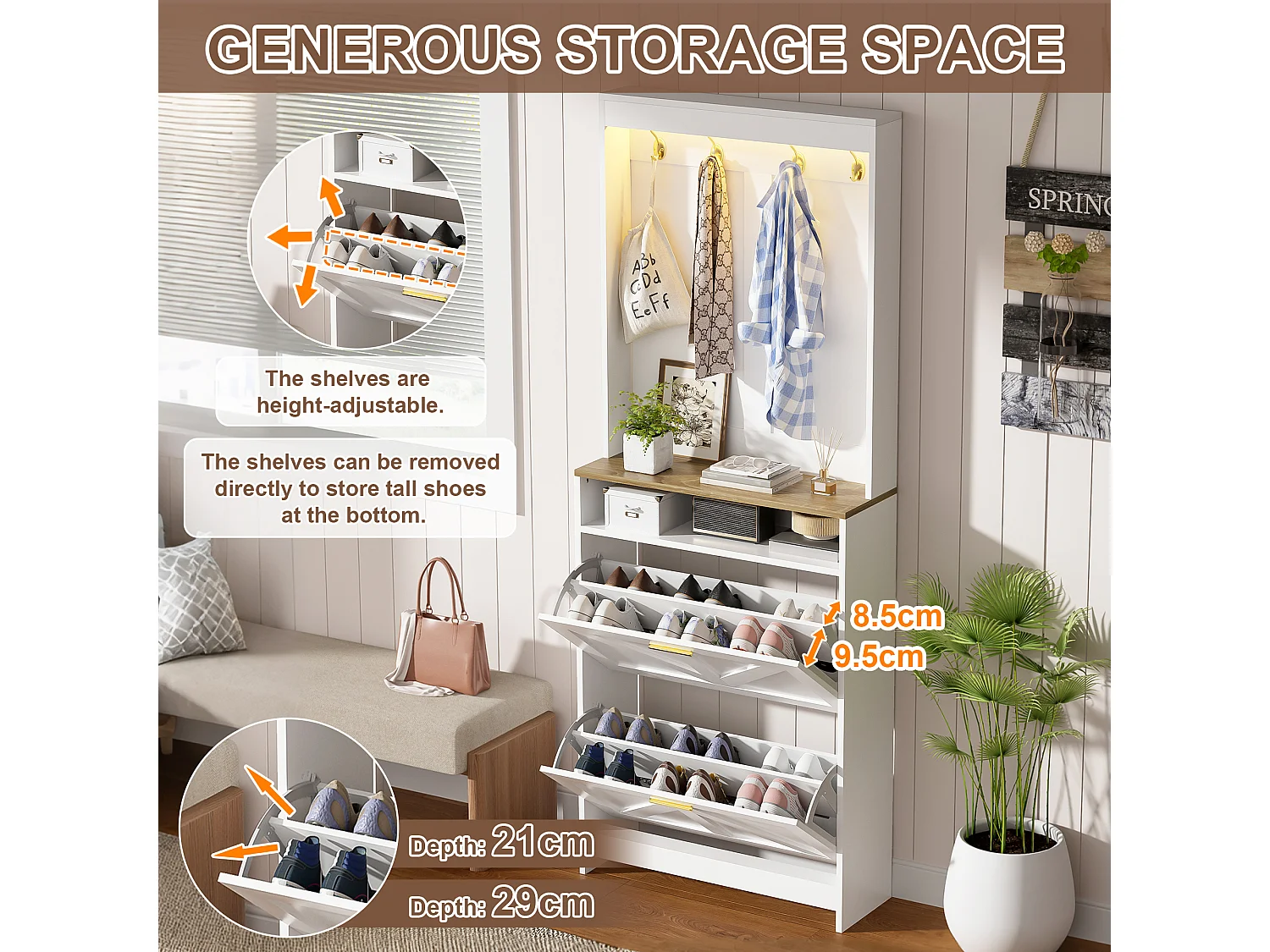 Schoenenkast met 2 neerklapbare deuren, haken en ledverlichting - Spaanplaat - 70 x 24 x 180 cm - Wit en naturel