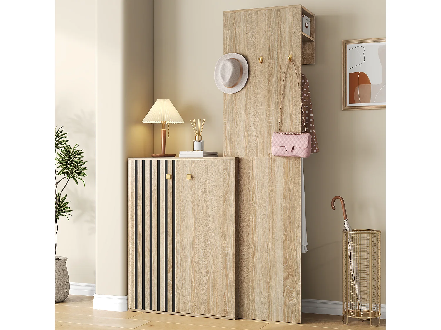 Skoskab med 2 døre, kroge, bøjlestang og justerbare hylder - MDF - 115 x 38,5 x 191,5 cm - Naturtræ