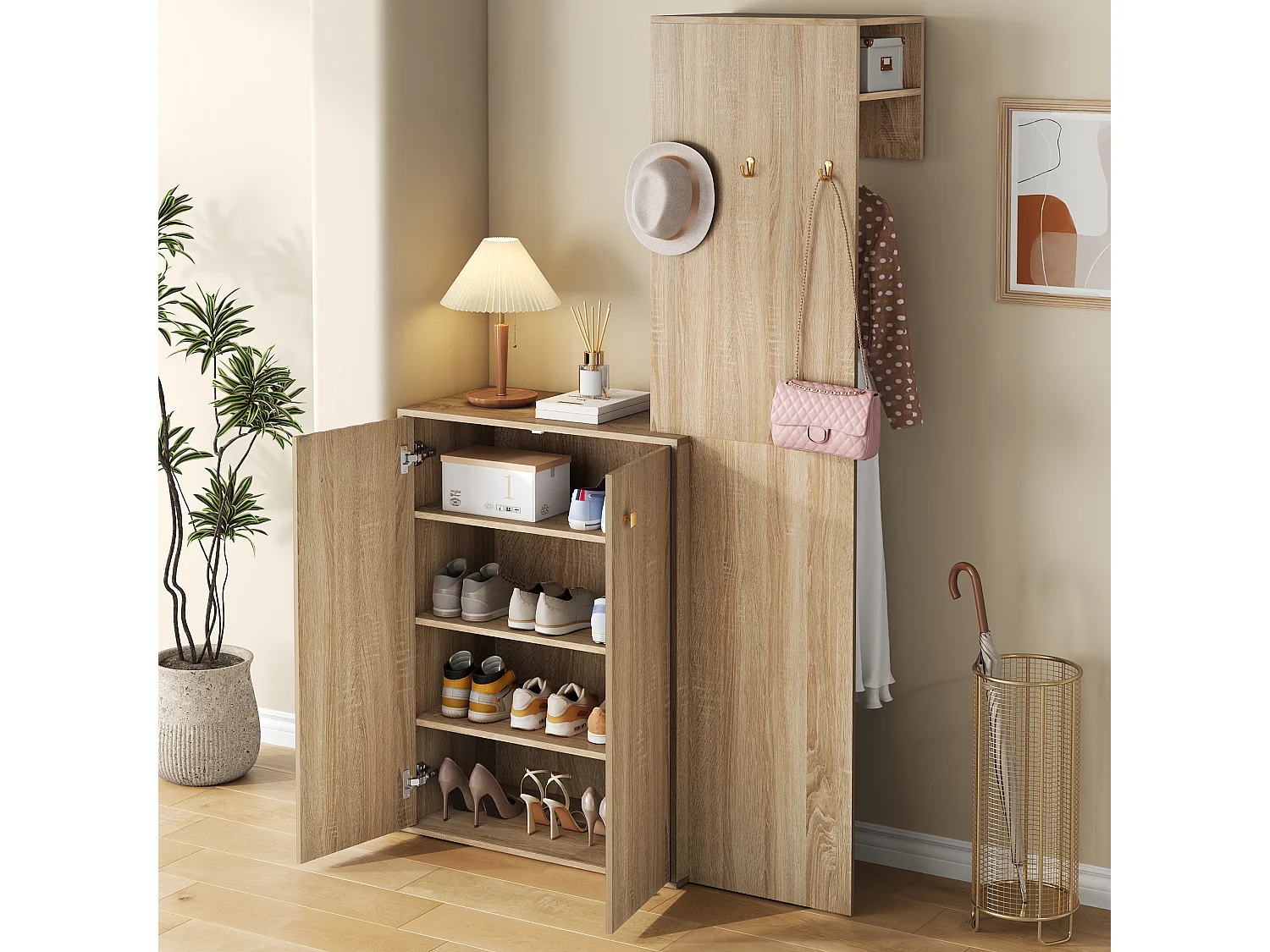 Skoskab med 2 døre, kroge, bøjlestang og justerbare hylder - MDF - 115 x 38,5 x 191,5 cm - Naturtræ