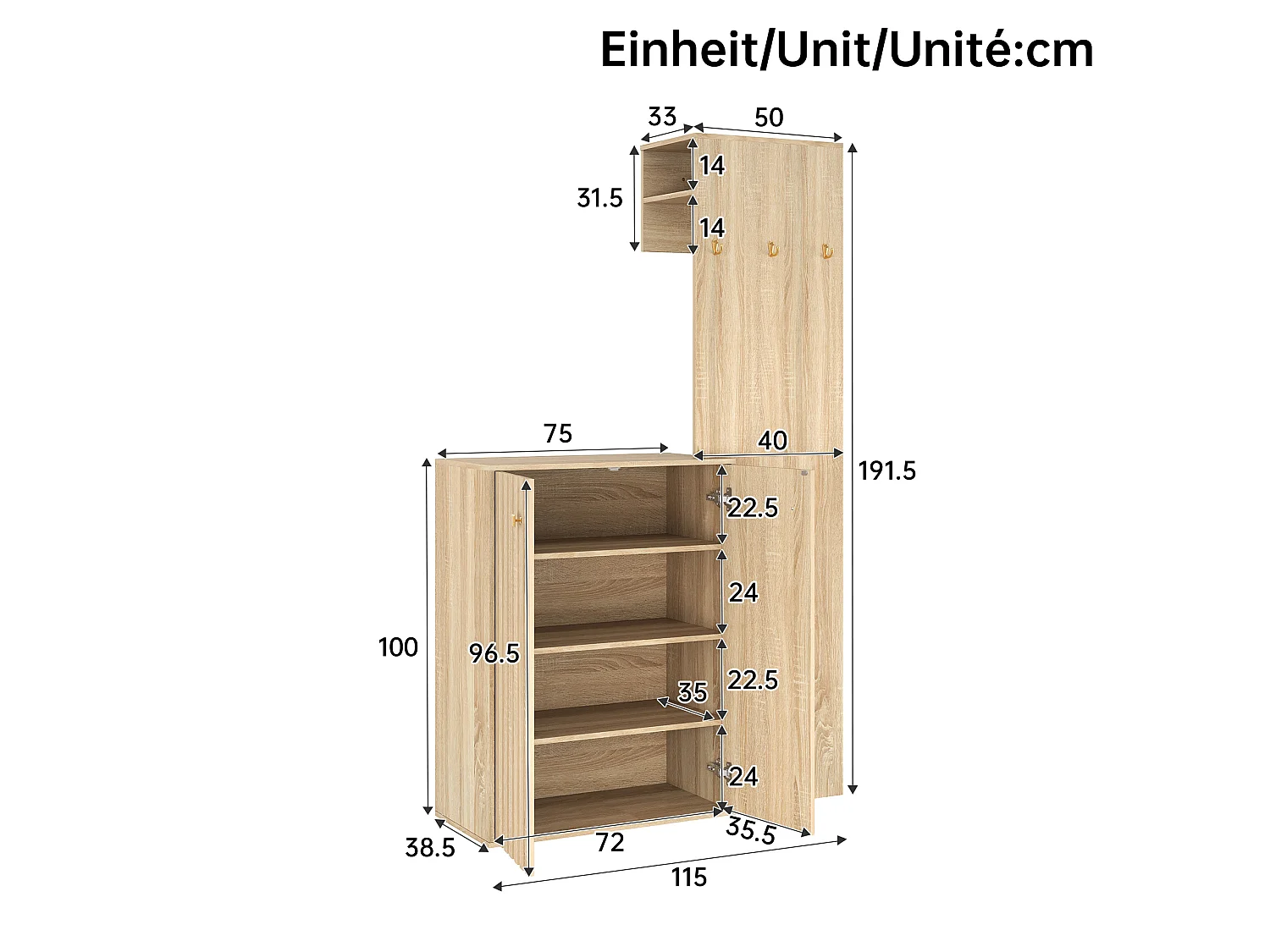Skoskab med 2 døre, kroge, bøjlestang og justerbare hylder - MDF - 115 x 38,5 x 191,5 cm - Naturtræ