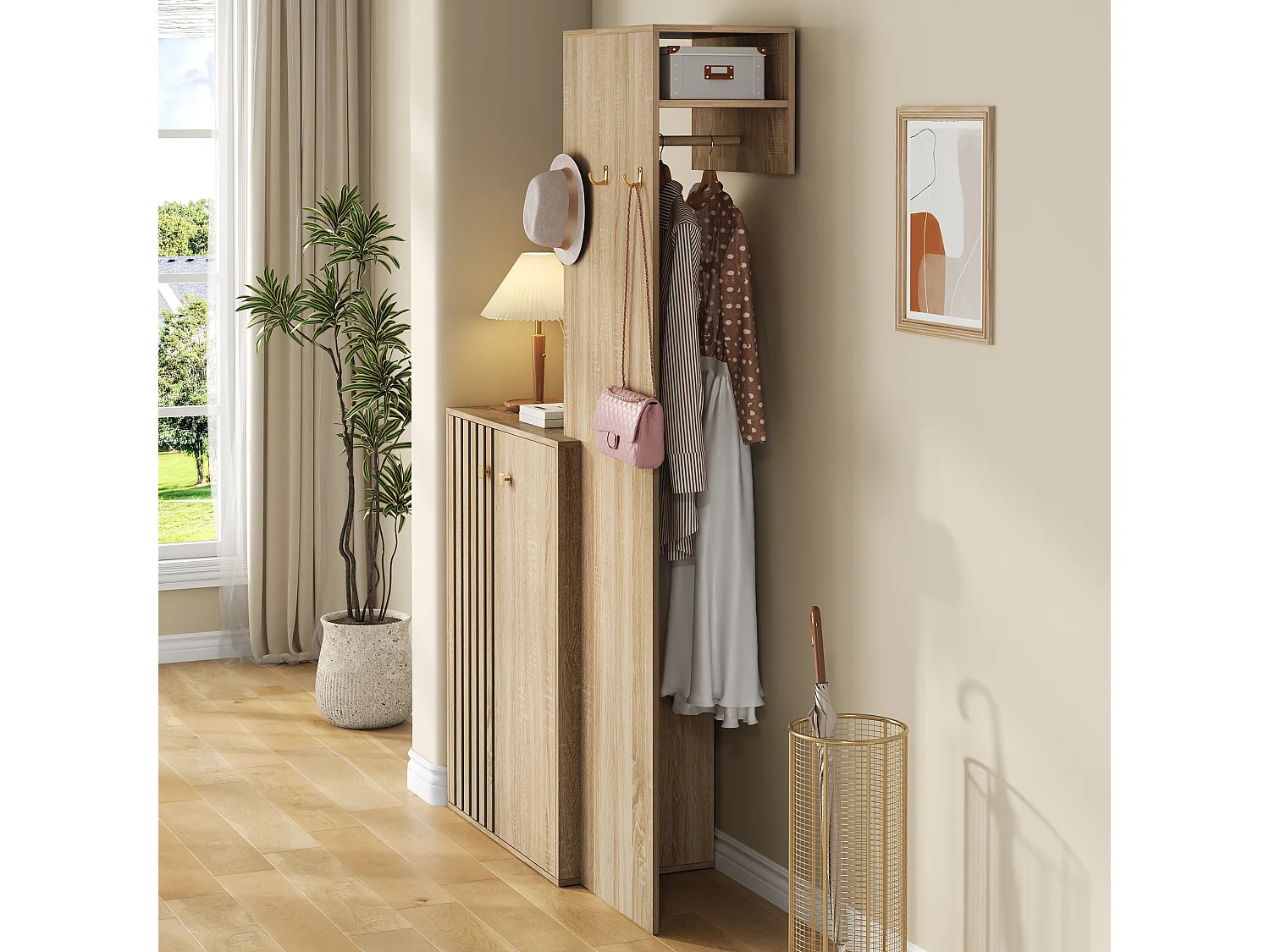 Skoskab med 2 døre, kroge, bøjlestang og justerbare hylder - MDF - 115 x 38,5 x 191,5 cm - Naturtræ