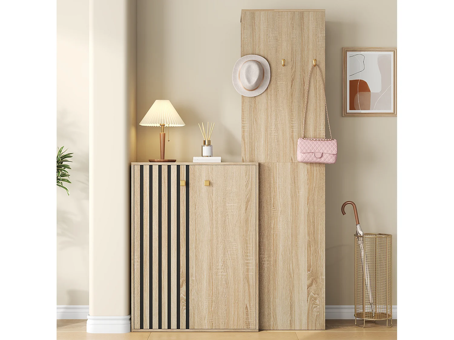 Skoskab med 2 døre, kroge, bøjlestang og justerbare hylder - MDF - 115 x 38,5 x 191,5 cm - Naturtræ