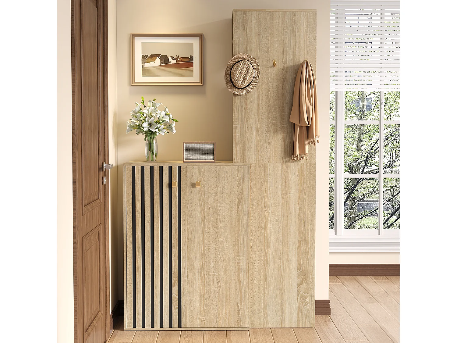 Skoskab med 2 døre, kroge, bøjlestang og justerbare hylder - MDF - 115 x 38,5 x 191,5 cm - Naturtræ