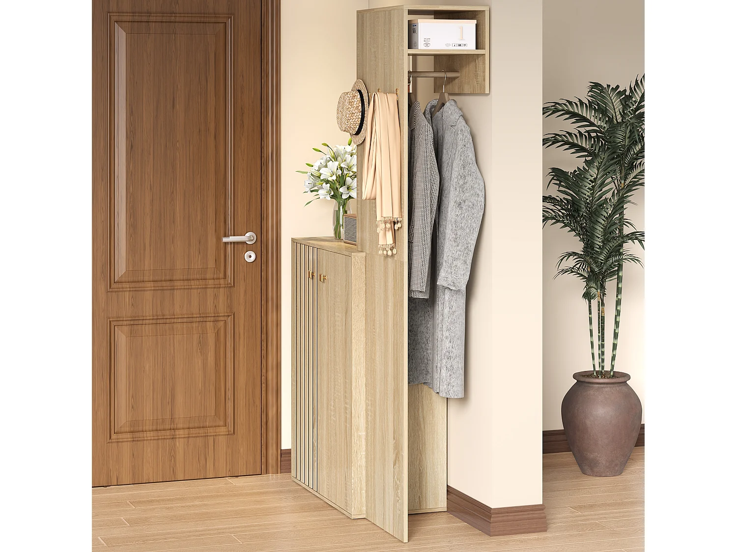 Skoskab med 2 døre, kroge, bøjlestang og justerbare hylder - MDF - 115 x 38,5 x 191,5 cm - Naturtræ