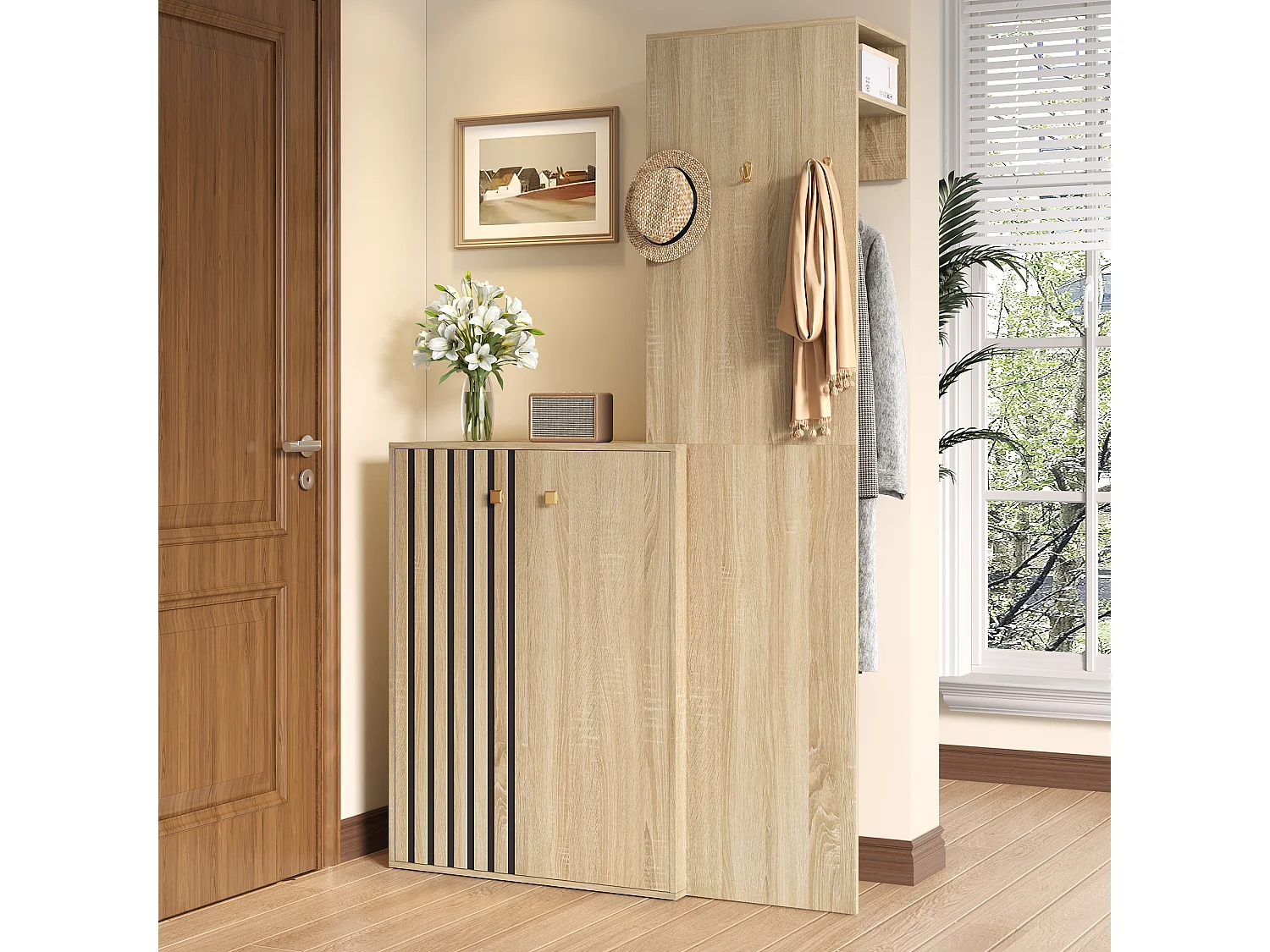 Skoskab med 2 døre, kroge, bøjlestang og justerbare hylder - MDF - 115 x 38,5 x 191,5 cm - Naturtræ