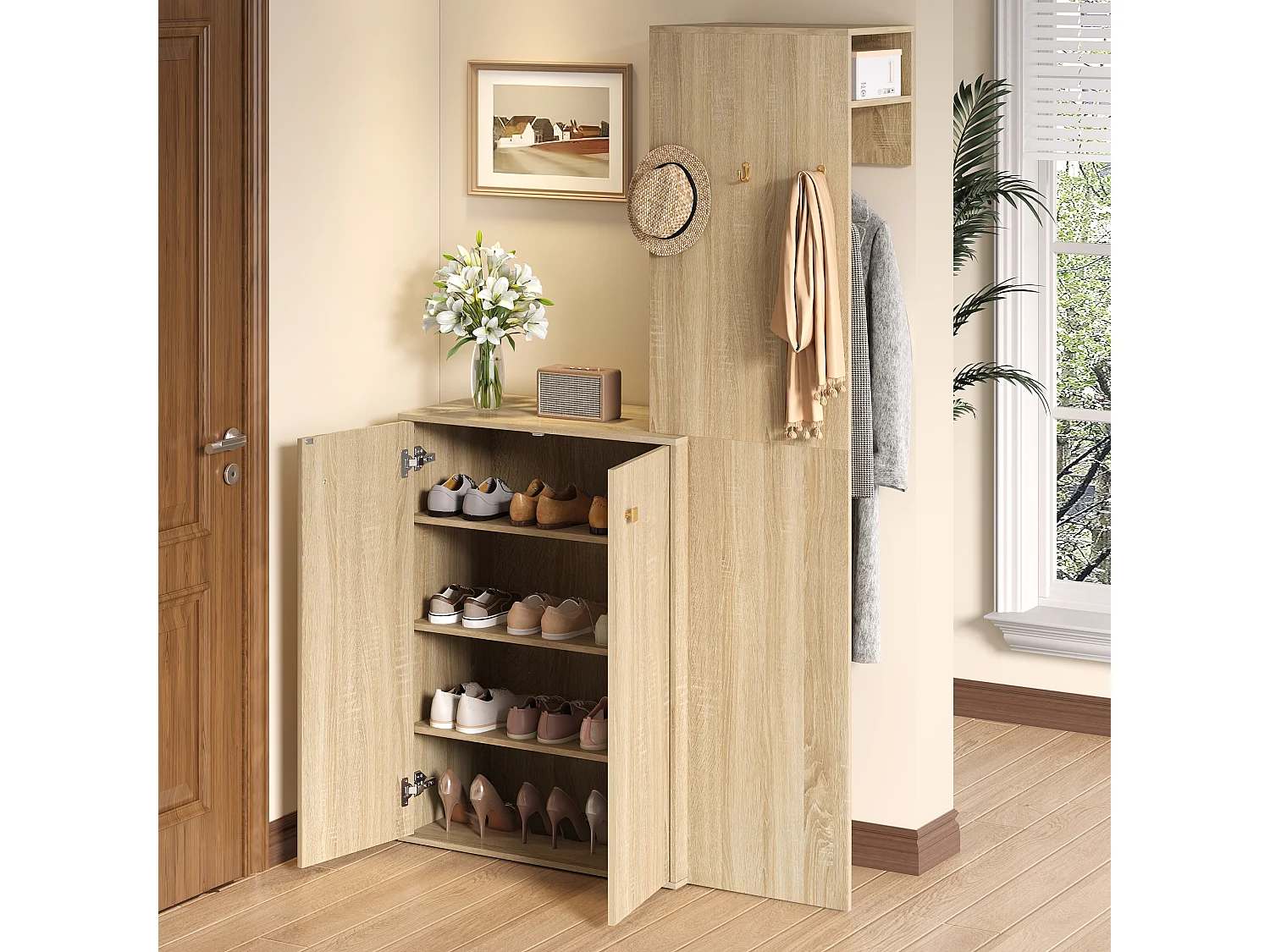 Skoskab med 2 døre, kroge, bøjlestang og justerbare hylder - MDF - 115 x 38,5 x 191,5 cm - Naturtræ