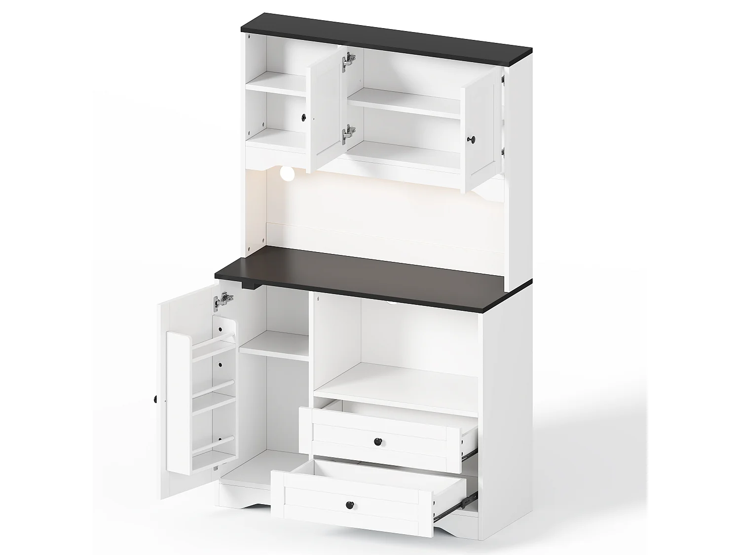 Hoge keukenkast met ledverlichting, ruimte voor magnetron, 2 lades, 3 deuren, 2 stopcontacten en 2 USB-poorten - MDF - 100 x 40 x 163 cm - Wit