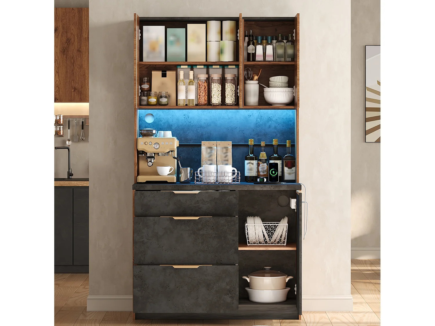 Hoher Küchenschrank mit LED-Beleuchtung, 4 Türen, 3 Schubladen, 2 Steckdosen und 2 USB-Anschlüssen – MDF – 100 x 40 x 180 cm – Holz und Schwarz
