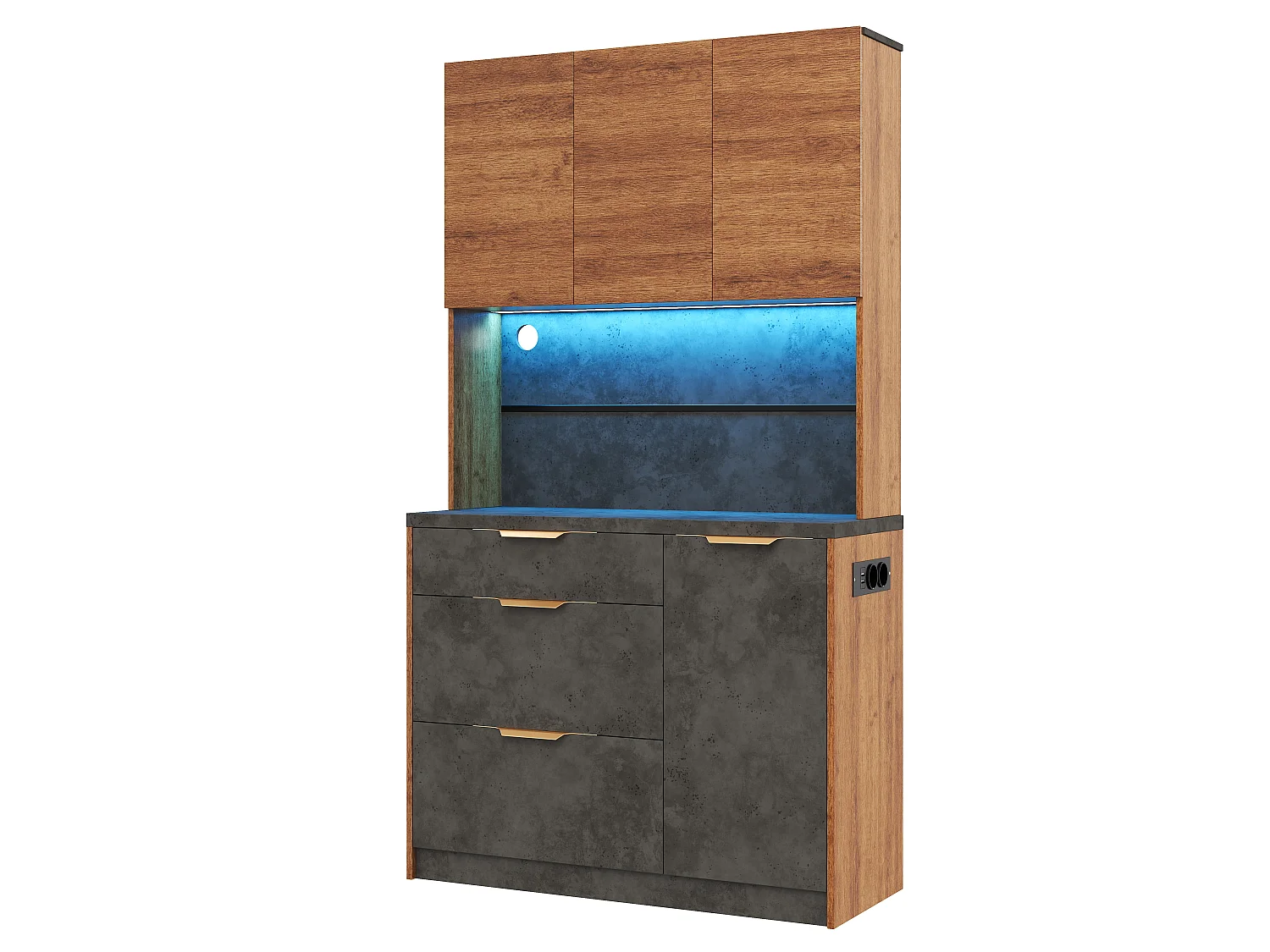 Hoher Küchenschrank mit LED-Beleuchtung, 4 Türen, 3 Schubladen, 2 Steckdosen und 2 USB-Anschlüssen – MDF – 100 x 40 x 180 cm – Holz und Schwarz
