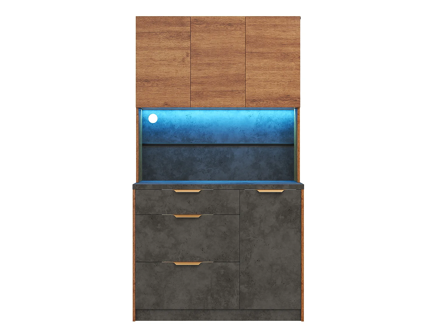 Hoher Küchenschrank mit LED-Beleuchtung, 4 Türen, 3 Schubladen, 2 Steckdosen und 2 USB-Anschlüssen – MDF – 100 x 40 x 180 cm – Holz und Schwarz