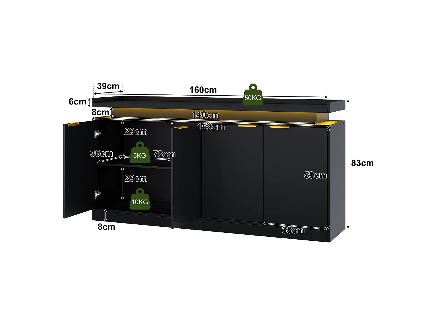Buffet bas de cuisine avec LED RGB, 4 portes, étagères ouvertes et rangements - MDF - 160 x 39 x 83 cm - Noir