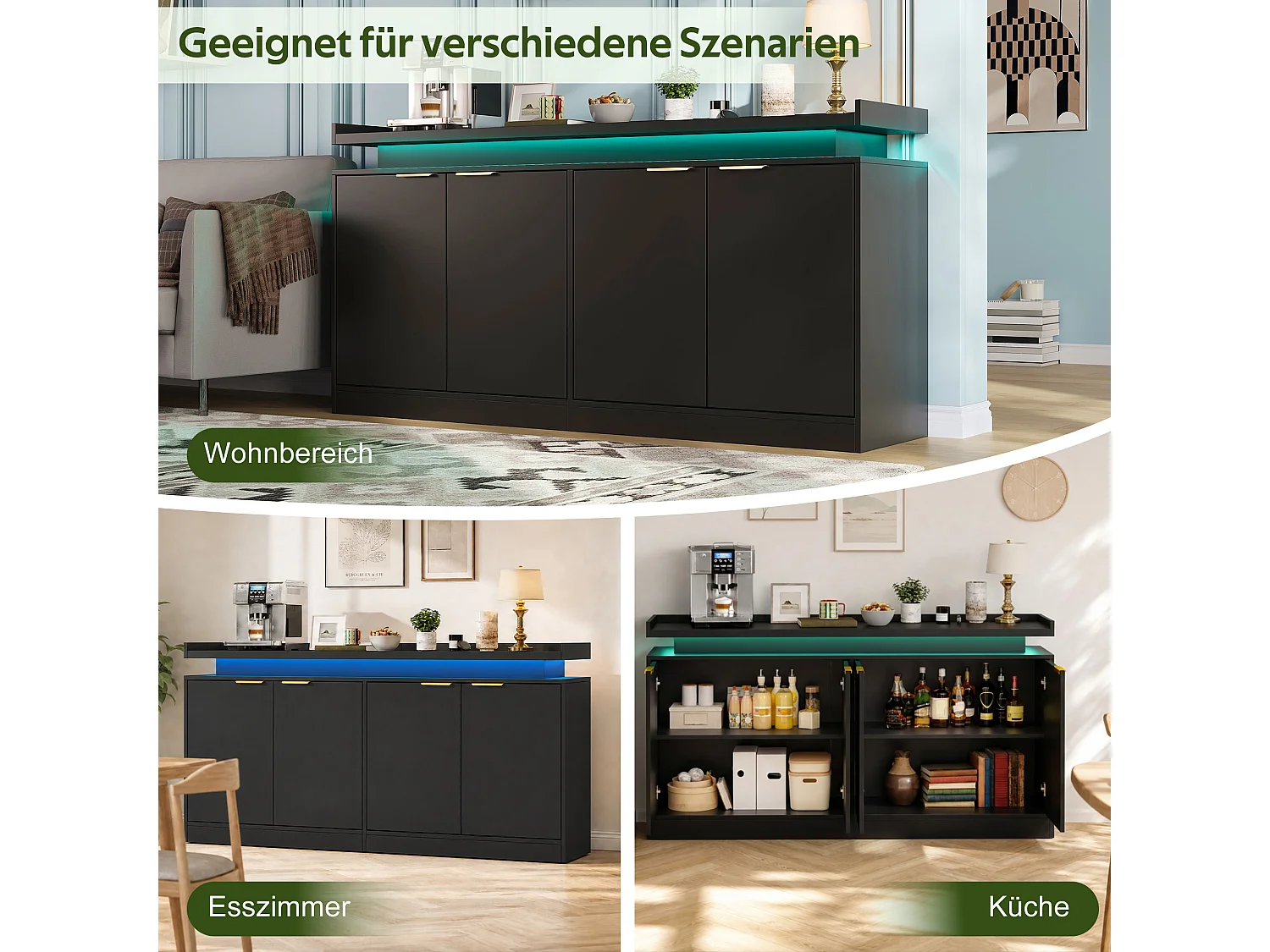 Buffet bas de cuisine avec LED RGB, 4 portes, étagères ouvertes et rangements - MDF - 160 x 39 x 83 cm - Noir