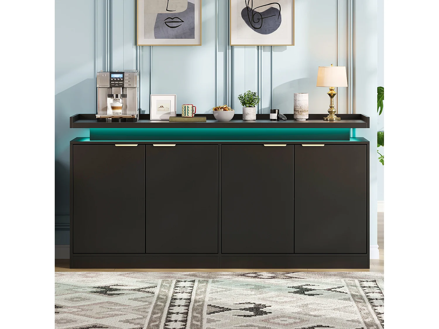 Buffet bas de cuisine avec LED RGB, 4 portes, étagères ouvertes et rangements - MDF - 160 x 39 x 83 cm - Noir