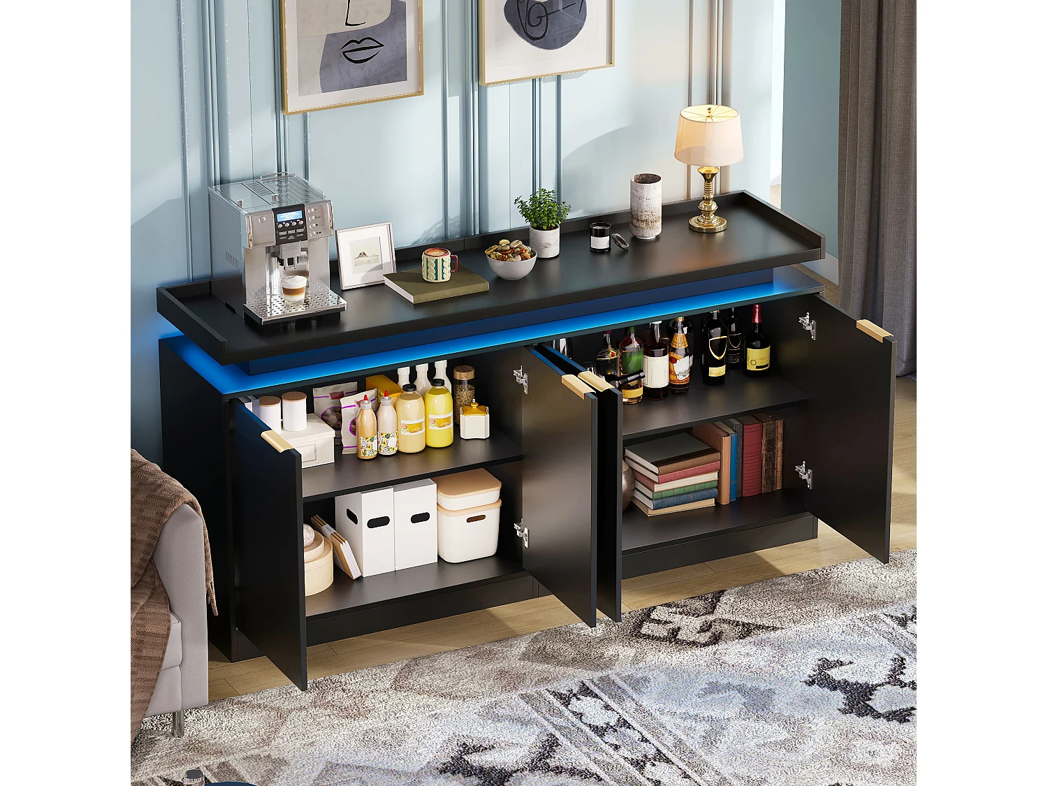 Buffet bas de cuisine avec LED RGB, 4 portes, étagères ouvertes et rangements - MDF - 160 x 39 x 83 cm - Noir