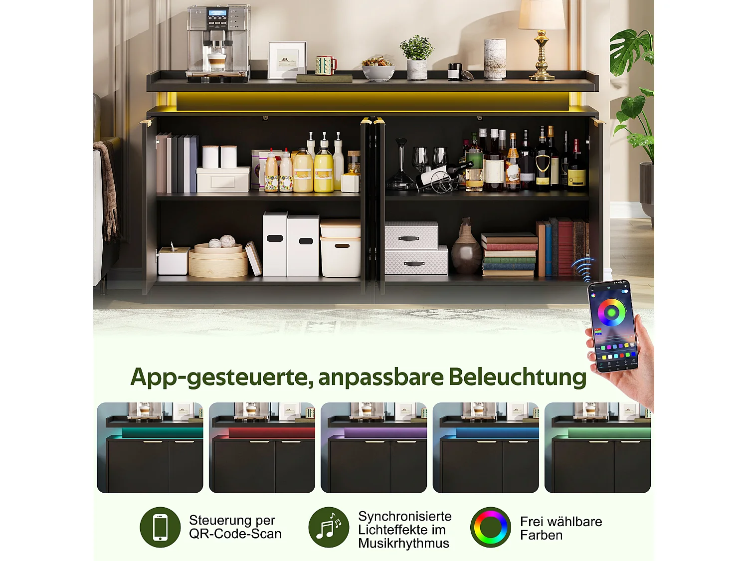 Buffet bas de cuisine avec LED RGB, 4 portes, étagères ouvertes et rangements - MDF - 160 x 39 x 83 cm - Noir