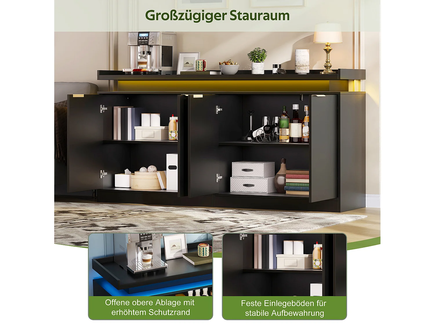 Buffet bas de cuisine avec LED RGB, 4 portes, étagères ouvertes et rangements - MDF - 160 x 39 x 83 cm - Noir