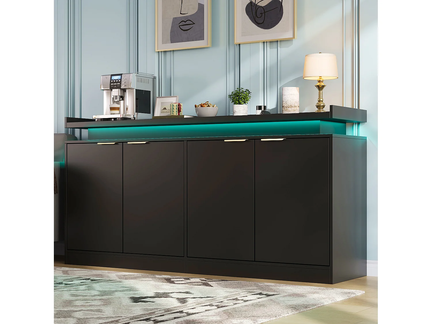 Buffet bas de cuisine avec LED RGB, 4 portes, étagères ouvertes et rangements - MDF - 160 x 39 x 83 cm - Noir