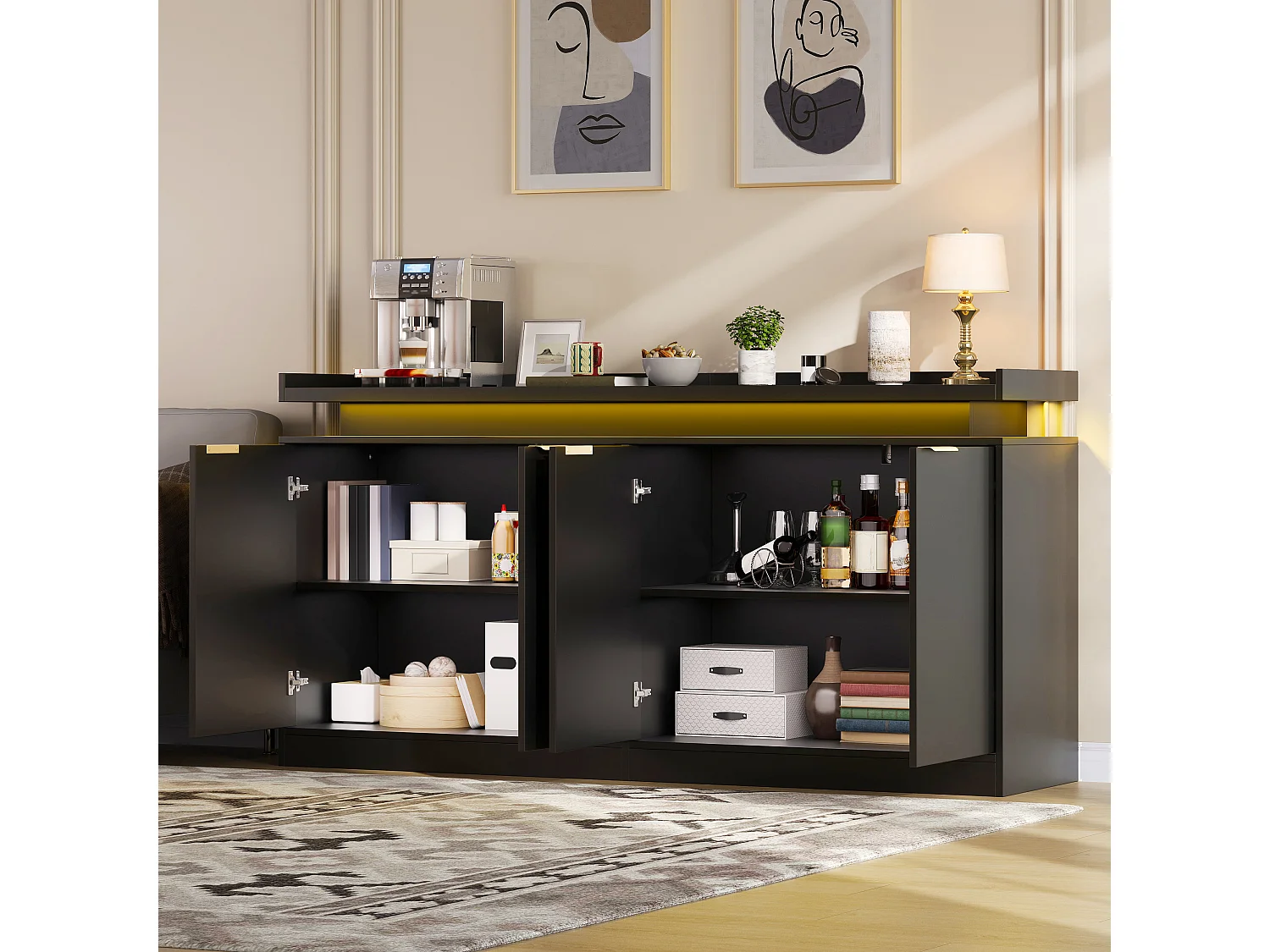 Buffet bas de cuisine avec LED RGB, 4 portes, étagères ouvertes et rangements - MDF - 160 x 39 x 83 cm - Noir