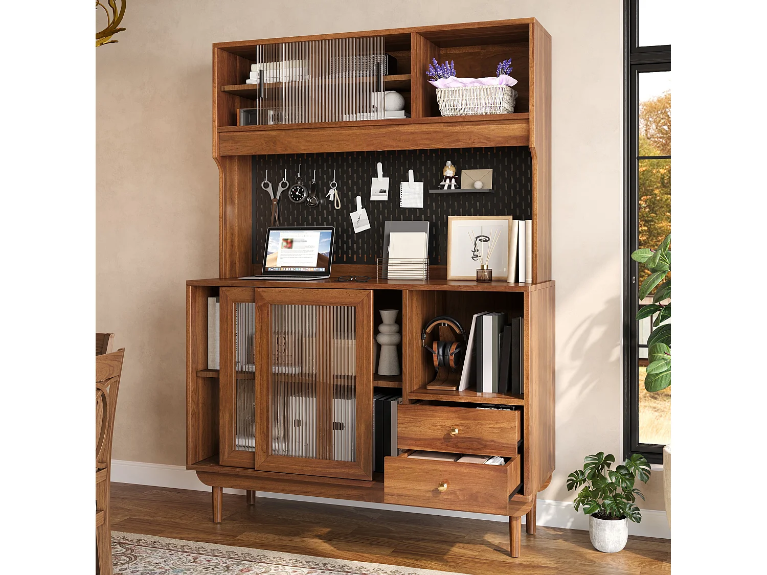 Buffet de cuisine avec 4 portes coulissantes en verre cannelé, 2 tiroirs et panneau perforé - MDF - 117 x 30 x 170 cm - Noyer